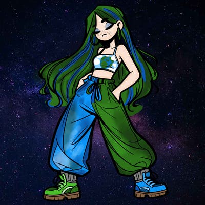 girl in baggy pants crop top and long hair