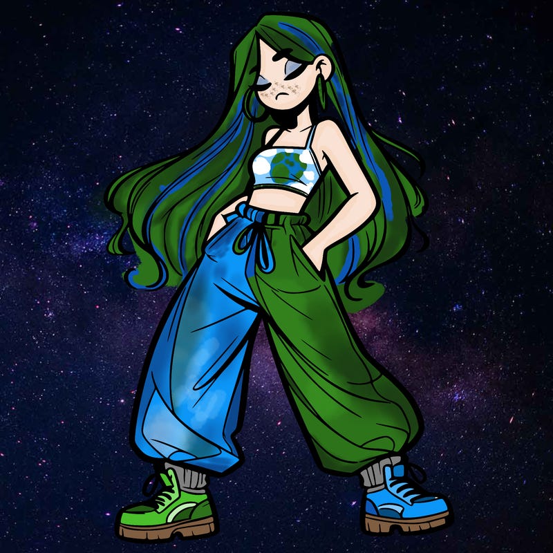 girl in baggy pants crop top and long hair