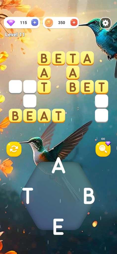 ABC - Wooden Words - Crossword puzzle gameplay in ABC Wooden Words featuring wooden letter tiles and a hummingbird nature background