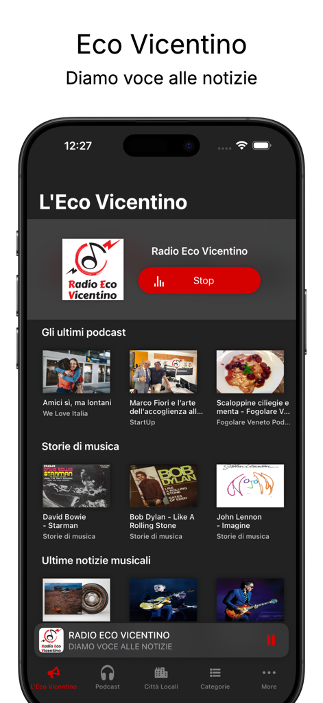 Eco Vicentino - Interfaz de la aplicación Eco Vicentino que muestra el reproductor de radio web y los podcasts más recientes