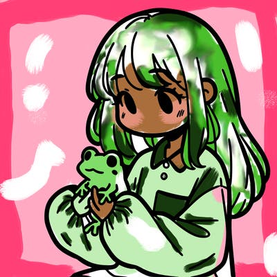 girl with long hair and a oversized shirt. and she is holding a frog