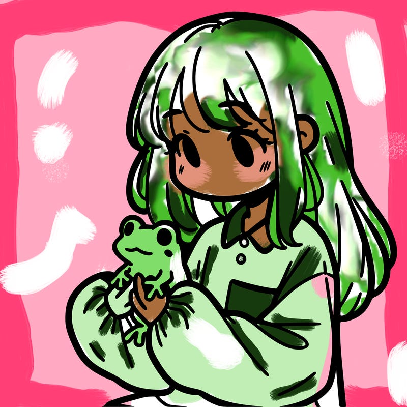 girl with long hair and a oversized shirt. and she is holding a frog