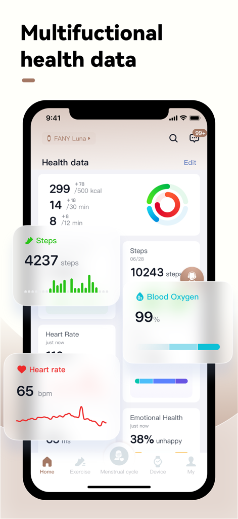 Fany fit - Panel de Fany fit mostrando datos de salud multifuncionales, incluyendo pasos y frecuencia cardíaca