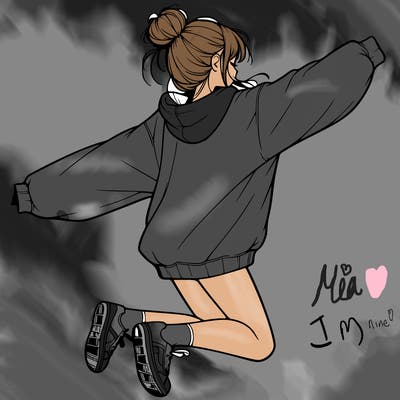 realistic girl jumping with a bun and oversized sweatshirt