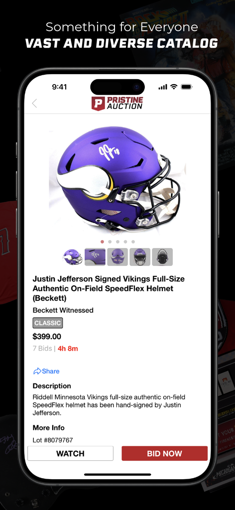 A signed Justin Jefferson Minnesota Vikings helmet on the Pristine Auction app