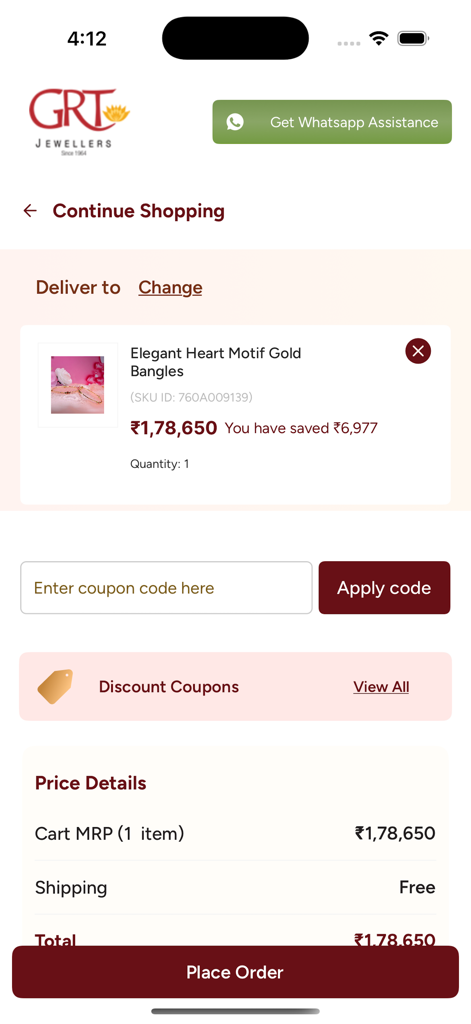 GRT Jewellers - Shopping cart screen of GRT Jewellers app displaying gold bangles and order summary