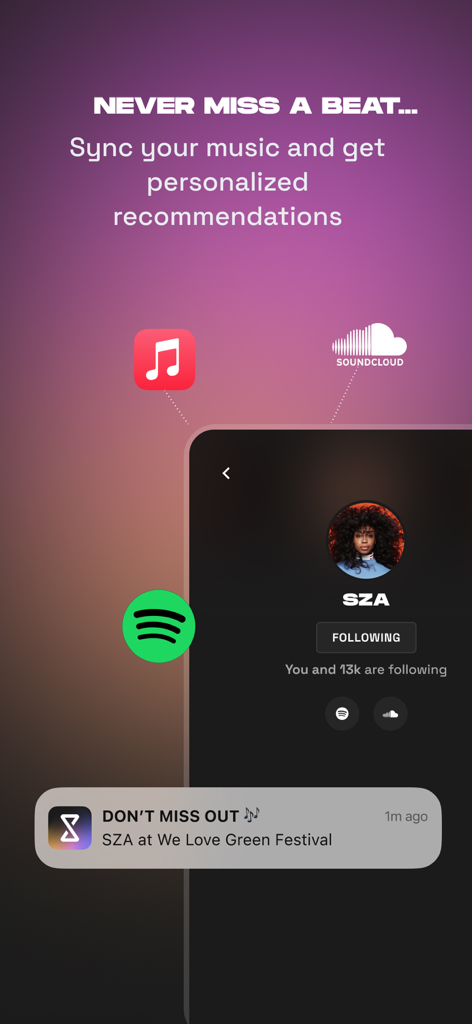 Shotgun: Live Music Experience - Pantalla de la aplicación Shotgun que muestra la sincronización de música con Spotify y Apple Music para alertas de eventos personalizadas