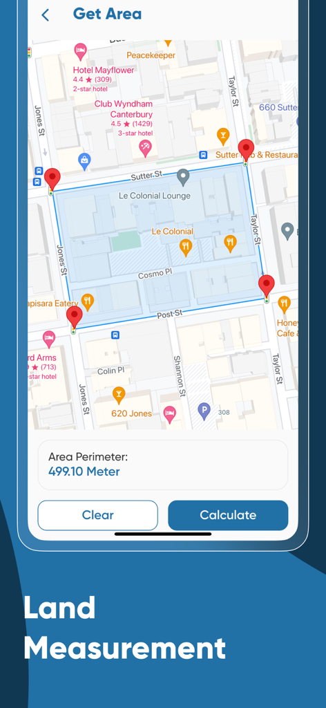 Land Area Calculators - Bildschirm der mobilen App, der eine Flächenberechnung auf einer Stadtkarte mit Markierungen zeigt
