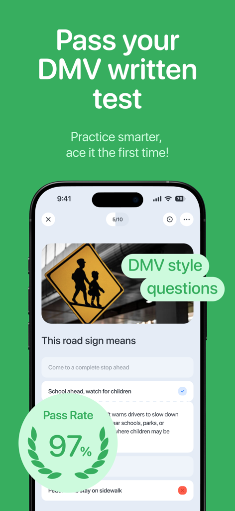 DMV Practice Test & Drivers Ed - DMV practice test app interface showing a road sign question and a 97 percent pass rate.