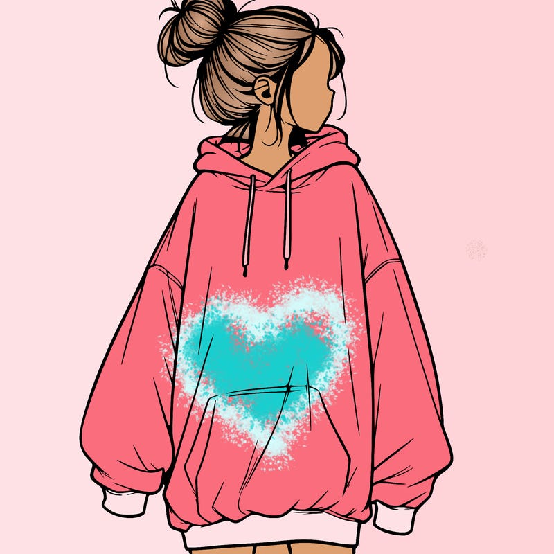 realistic girl with a oversized sweatshirt on and a bun