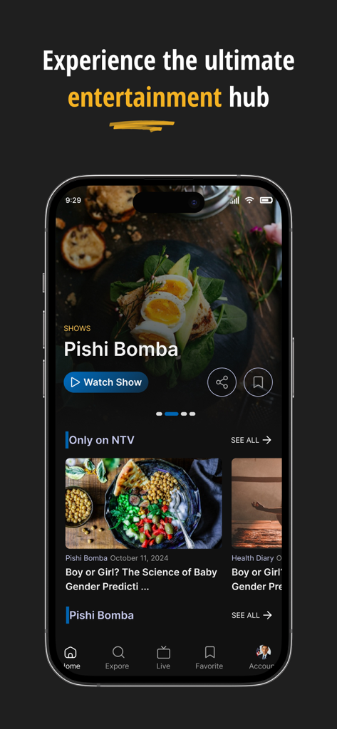Pantalla de inicio de la aplicación móvil NTV Kenya que presenta programas de entretenimiento y contenido de noticias