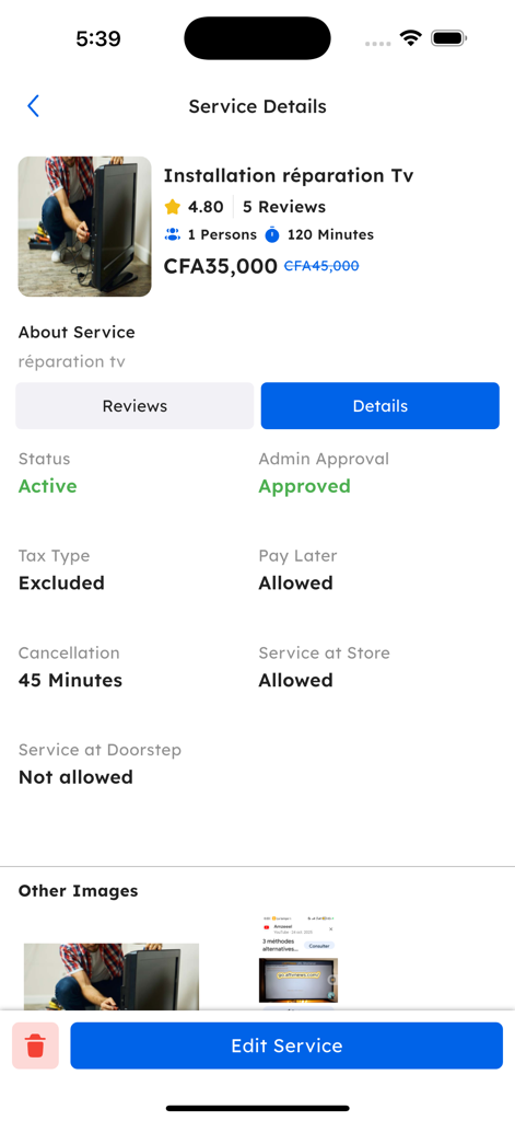 Tasko Pro - Interfaz de aplicación de Tasko Pro que muestra detalles de servicios profesionales para instalación y reparación de televisores con precios y estado