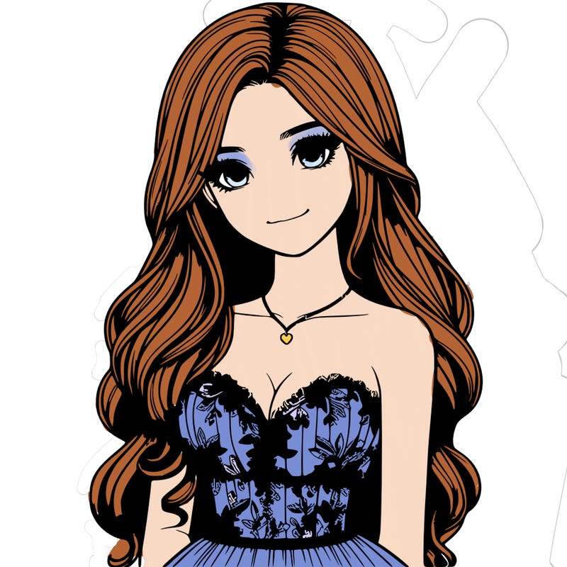 realistic girl with long hair and pretty prom dress