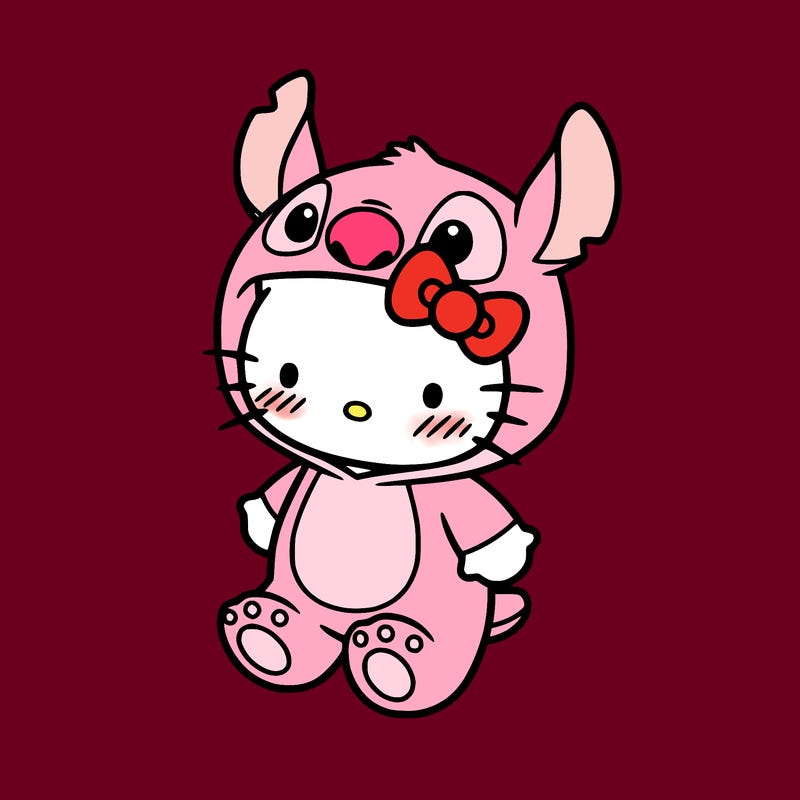 little cute hello kitty, blushing with little stitch costume