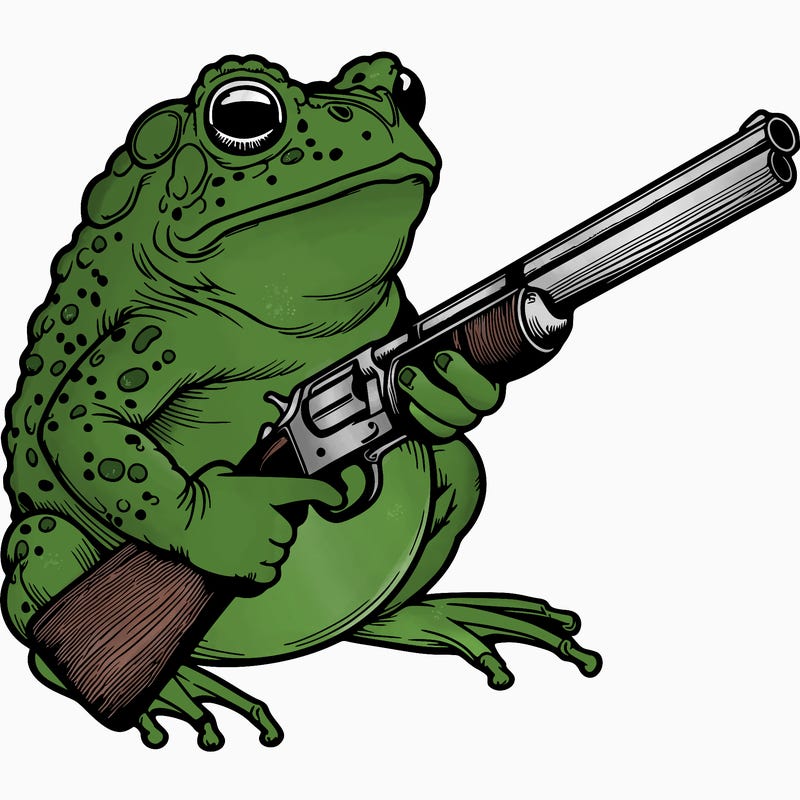 a realistic toad frog holding a shot gun