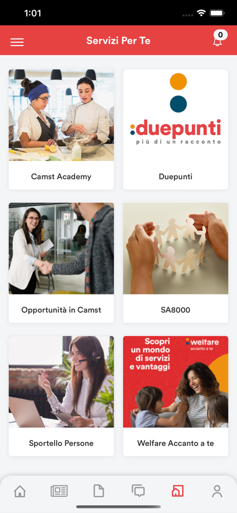 Camst People - Camst People app interface showing a grid of employee services including training job opportunities and welfare programs