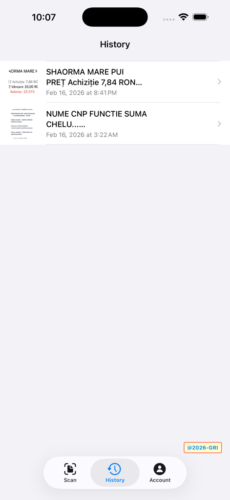 DocuSCAN 2026 - The history screen of the DocuSCAN 2026 app displaying a list of recently scanned documents and receipts with dates and times.