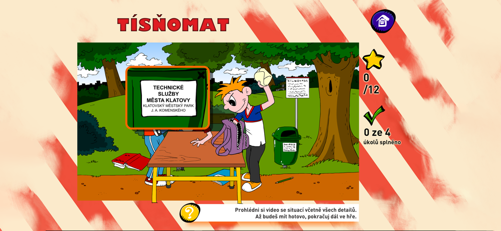 Tísňomat - nácvik volání - Escena de dibujos animados educativos en un parque de la aplicación de práctica de llamadas de emergencia Tisnomat que muestra a niños en una mesa
