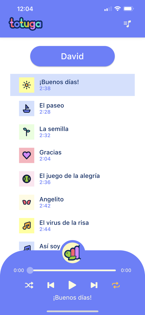 Totuga Music - Aplicación Totuga Music mostrando una lista de reproducción de canciones personalizadas para un niño llamado David.