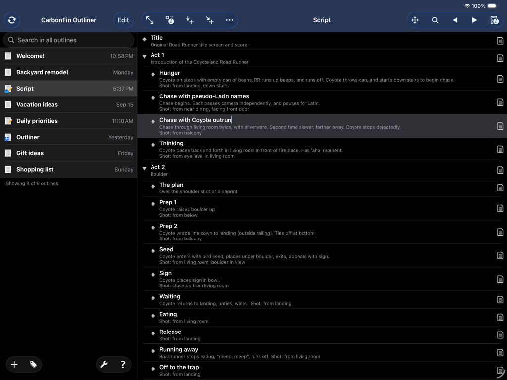 Outliner for iPad - Outliner für iPad Dark Mode-Oberfläche, die eine strukturierte Skriptübersicht mit verschachtelten Akten und Szenenbeschreibungen zeigt