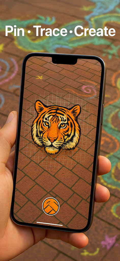 Quick Draw: AR Tracing - An iPhone screen displaying a tiger head projected onto a brick sidewalk using augmented reality for tracing