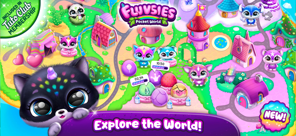 Fluvsies Pocket World - A vibrant and colorful game map of Fluvsies Pocket World featuring cute pets and mini houses