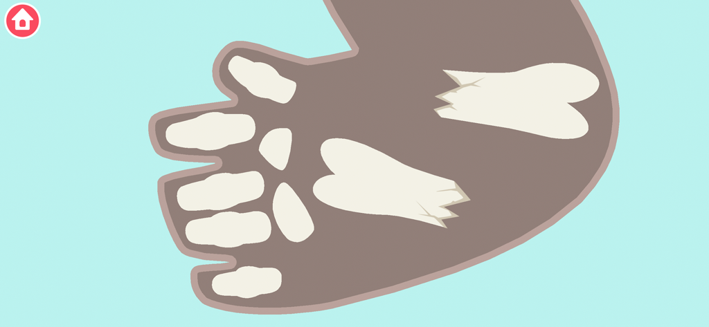 Dinosaur Time Machine Games - A cartoon educational puzzle where white bone pieces are assembled on a brown hand shape to learn primitive crafting