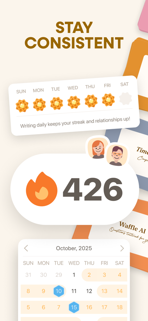 Waffle: Shared Journal - A screenshot of the Waffle app showing a 426-day journaling streak with a monthly calendar and daily tracking icons.