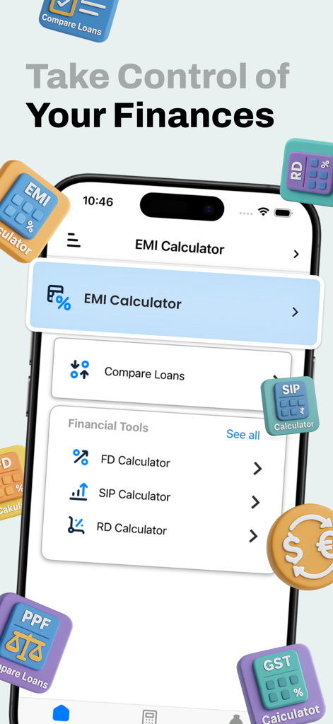 Panel de la aplicación EMI Calculator y Loan Planner que muestra herramientas financieras