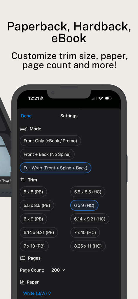 Book Cover Maker: BookFrame AI - Pantalla de configuración para seleccionar tamaños de recorte de libro y opciones de lomo para cubiertas rústicas y de tapa dura