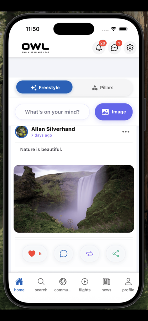 OWL Platform - Feed inicial do aplicativo Plataforma OWL apresentando uma postagem sobre natureza e ícones de navegação
