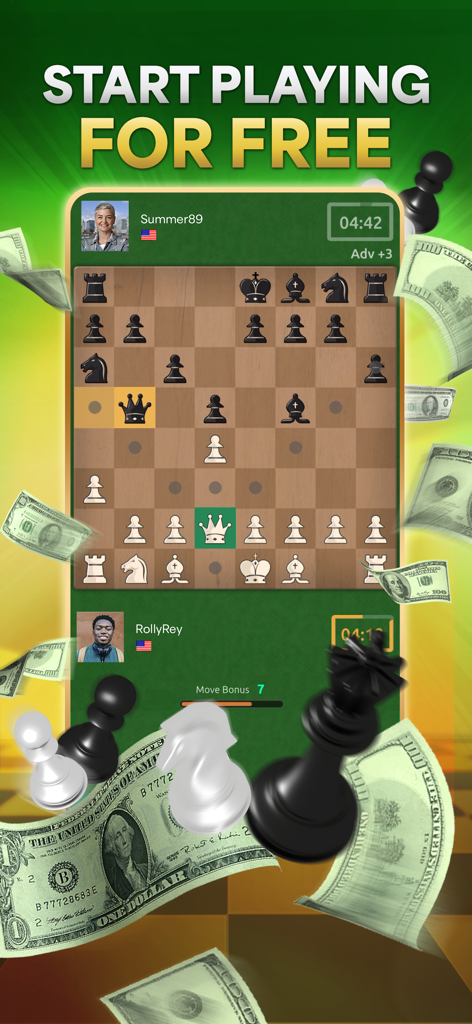 Chess Payday : Win Real Money - Captura de pantalla de una partida de ajedrez móvil que muestra un tablero de juego entre dos jugadores con billetes de dólar flotantes y piezas de ajedrez