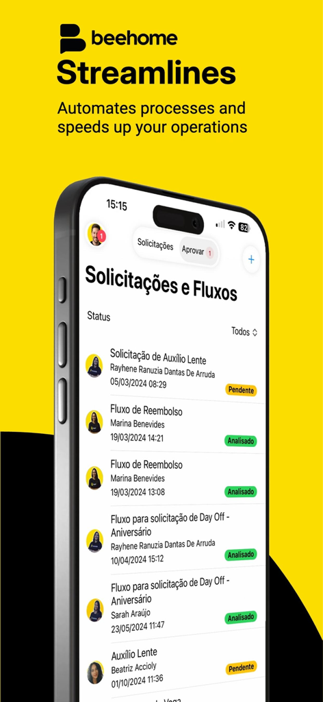Beehome - Employee Workspace - Beehome mobile app interface showing the streamlines module with a list of employee requests and status updates