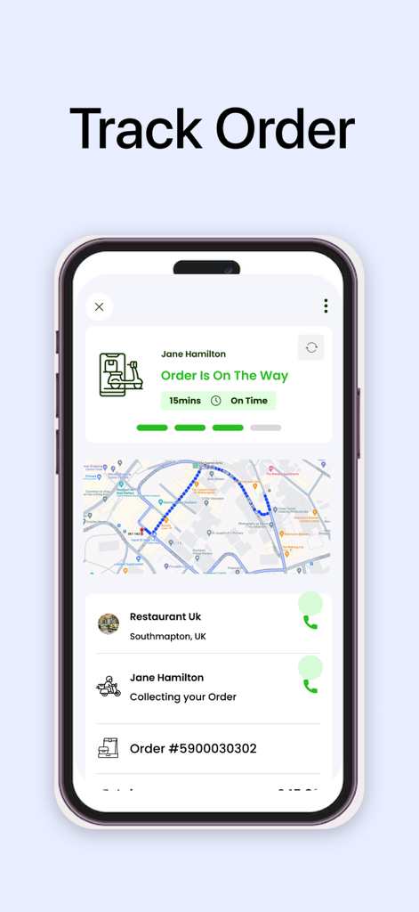 Interface de suivi de commande en temps réel dans l'application Galitos Peri Peri montrant le statut de la livraison et une carte.