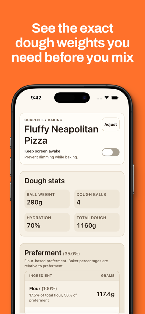 Dough Maker: Bread Calculator - Smartphone screen showing dough statistics and gram measurements for a Neapolitan pizza recipe in the Dough Maker app