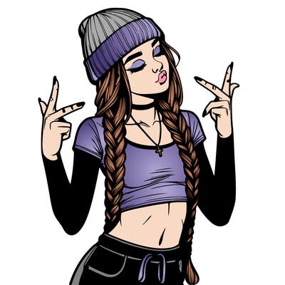 realistic teenage girl with braids and a beanie and crop top doing 🫶🏼