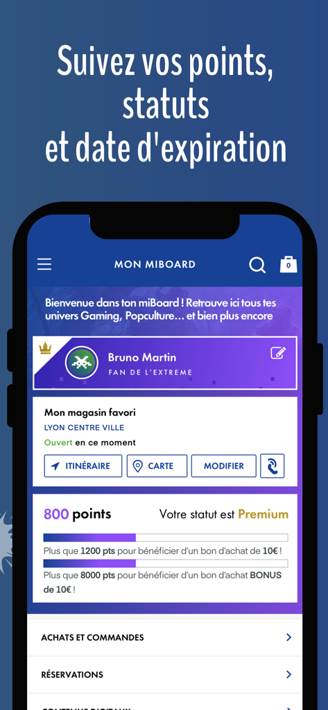 Micromania - Micromania app user loyalty dashboard showing reward points and premium status