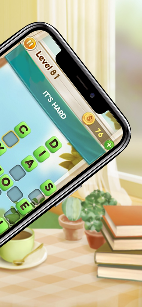 Word Free Time - A mobile phone displaying a Word Free Time crossword level in a cozy room with books and coffee