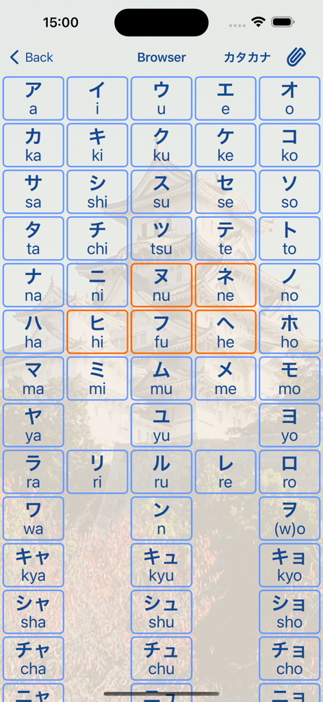 Grade de caracteres Katakana com romaji no Kana LS Touch.