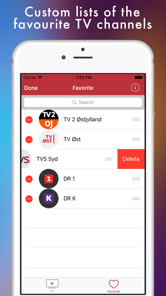 Dansk TV - Danske fjernsyn nettet - A mobile interface of the Dansk TV app showing a custom list of favorite Danish television channels.