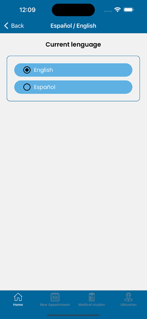 SIMNSA app language selection screen with English and Spanish options