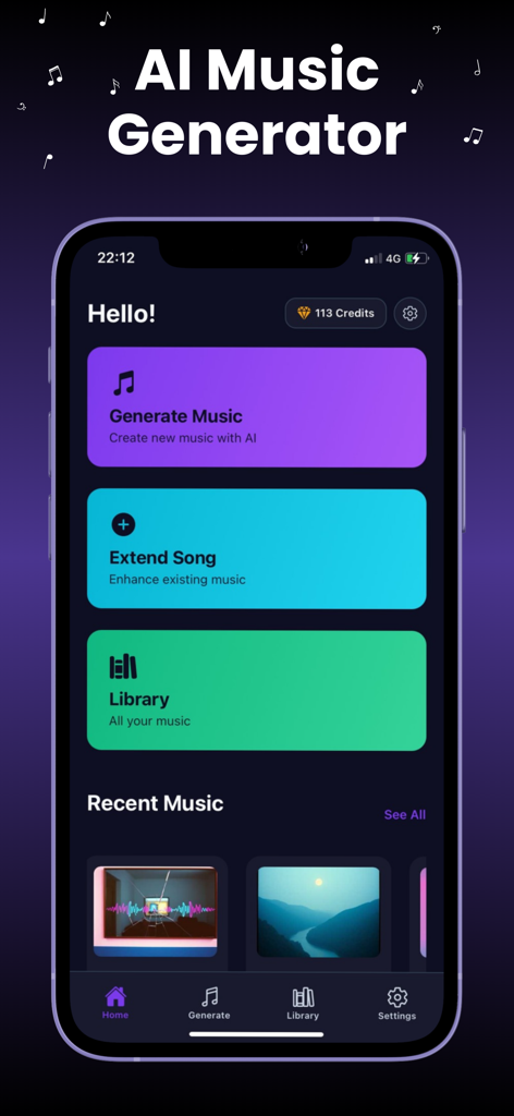 SkyBeat AI music generator app home screen showing options to generate music and extend songs