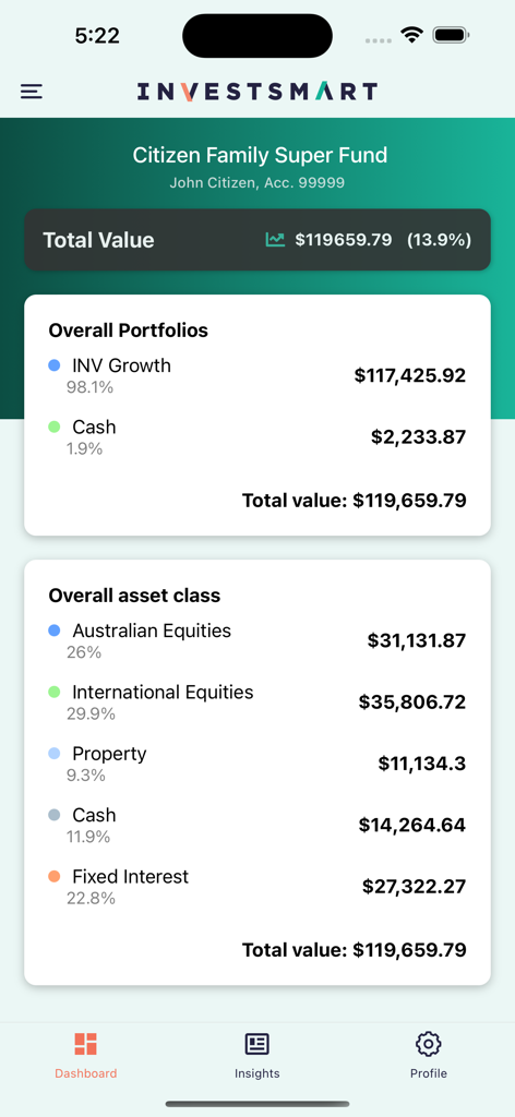InvestSMART - InvestSMART app dashboard displaying a portfolio summary including total value and asset class breakdown for a super fund