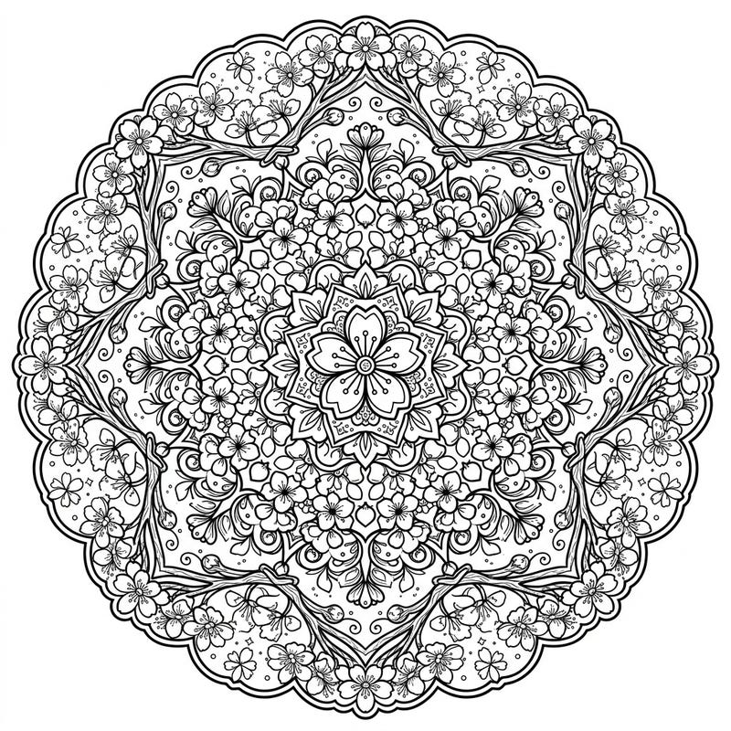 Discover the serene beauty of our Cherry Blossom Mandala coloring page, an intricate design perfect for moments of calm. This detailed floral pattern invites you to bring the ephemeral charm of spring to life with your favorite colors.