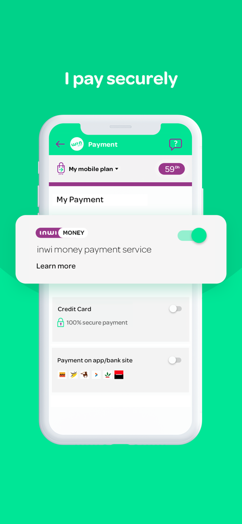 win by inwi - Écran de paiement sécurisé dans l'application win by inwi, présentant les options de paiement par inwi money et par carte de crédit.