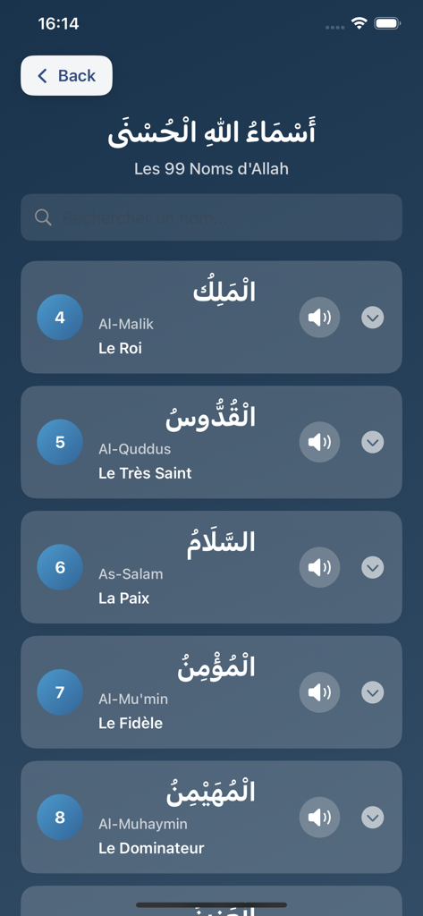 Bayan: Quranic Arabic Reader - Lista dos 99 Nomes de Allah em árabe e francês com botões de reprodução de áudio no aplicativo Bayan