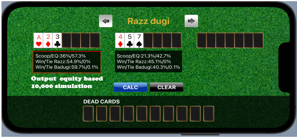 Interface du calculateur d'équité Razzdugi montrant l'équité des mains des joueurs et les résultats de simulation.