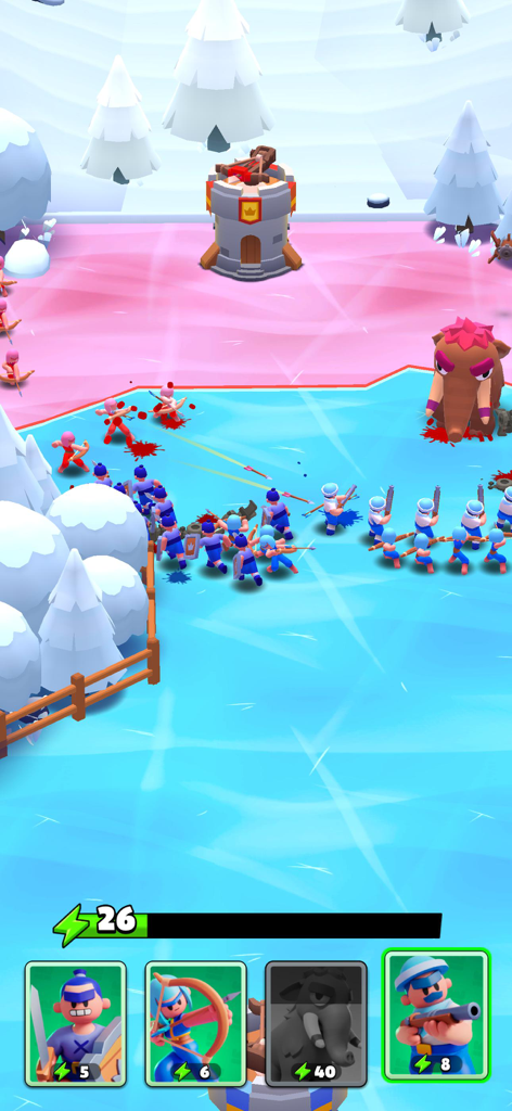 A real-time pvp tower defense battle featuring archers and a mammoth on a snowy map.