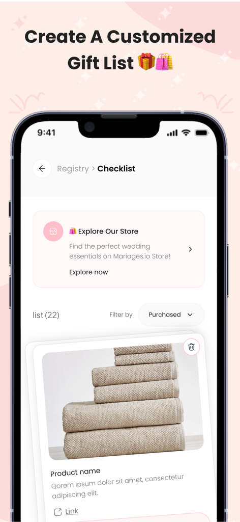 Écran de smartphone affichant la liste de cadeaux de mariage personnalisée et les fonctionnalités de liste de mariage de l'application Mariages.io