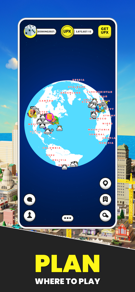 Upland: City-Builder - Upland 게임 화면으로, 전 세계 도시의 핀과 '어디서 플레이할지 계획하세요'라는 텍스트가 있는 글로벌 지도를 보여줍니다.
